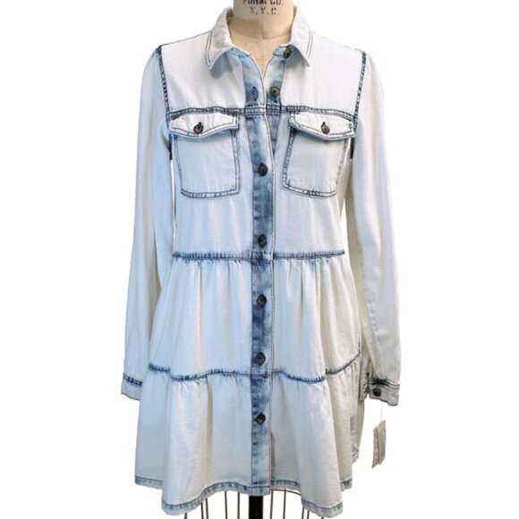 Free People White Wash Denim Shirt Dress - Picture 2 of 9